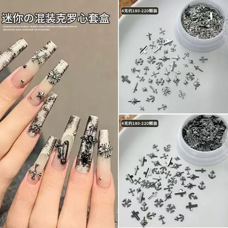 Chrome Heart Nail Art Accessories, Nail Decoration Small Pieces 3D Metal Press-On Nail Cross Dark Series Gift Box Set