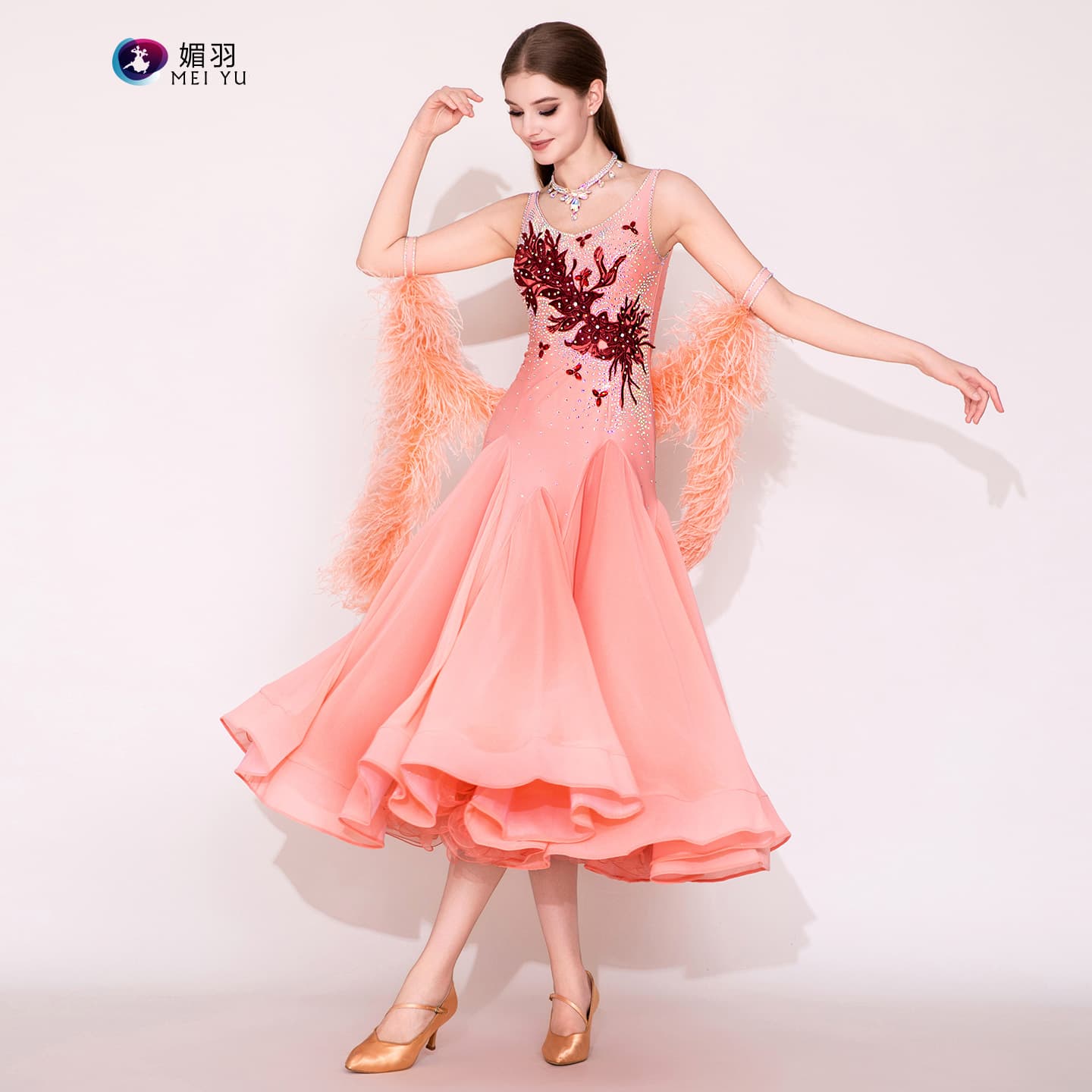 Awaken Colors! Mei Yu Ostrich Feather Modern Dance Skirt MY945 Heavy-Duty Performance Wear Waltz Standard Dance Costume