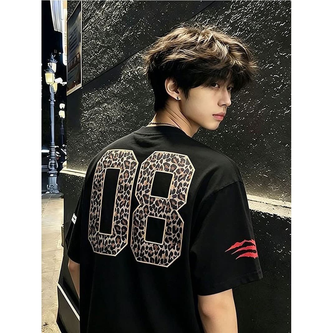 American Street Style Leopard Print Digital Embroidery Short Sleeve T-Shirt for Men Summer 2026 Trendy Loose Fit Versatile Streetwear Top