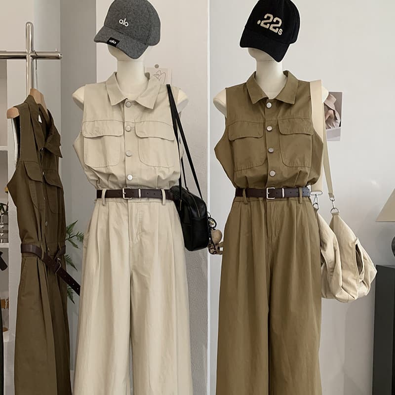 KEKEZOON Sleeveless Jumpsuit Women High Waist Solid Color Wide Leg Long Pants Summer New with Belt 8119