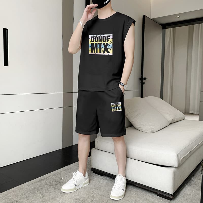 2025 Summer Men's Set: Waffle Knit Short Sleeve T-Shirt, Sleeveless Vest, and Shorts Two-Piece Set
