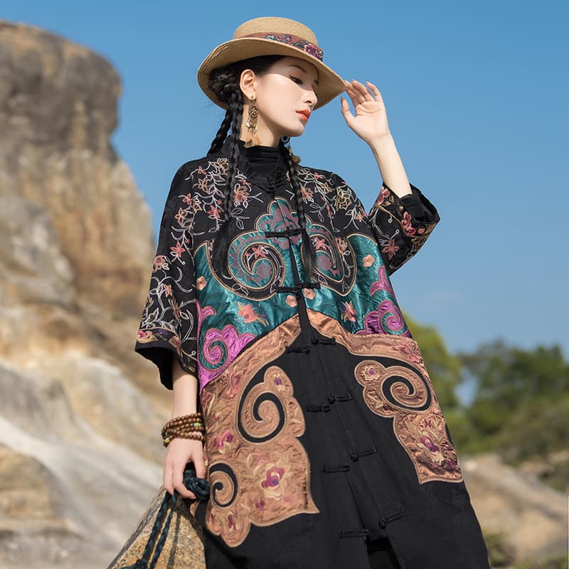 Travel Outfit Heavy Embroidery Casual Robe Large Trench Coat Ethnic Style Stand Collar Patchwork Embroidery Long Coat