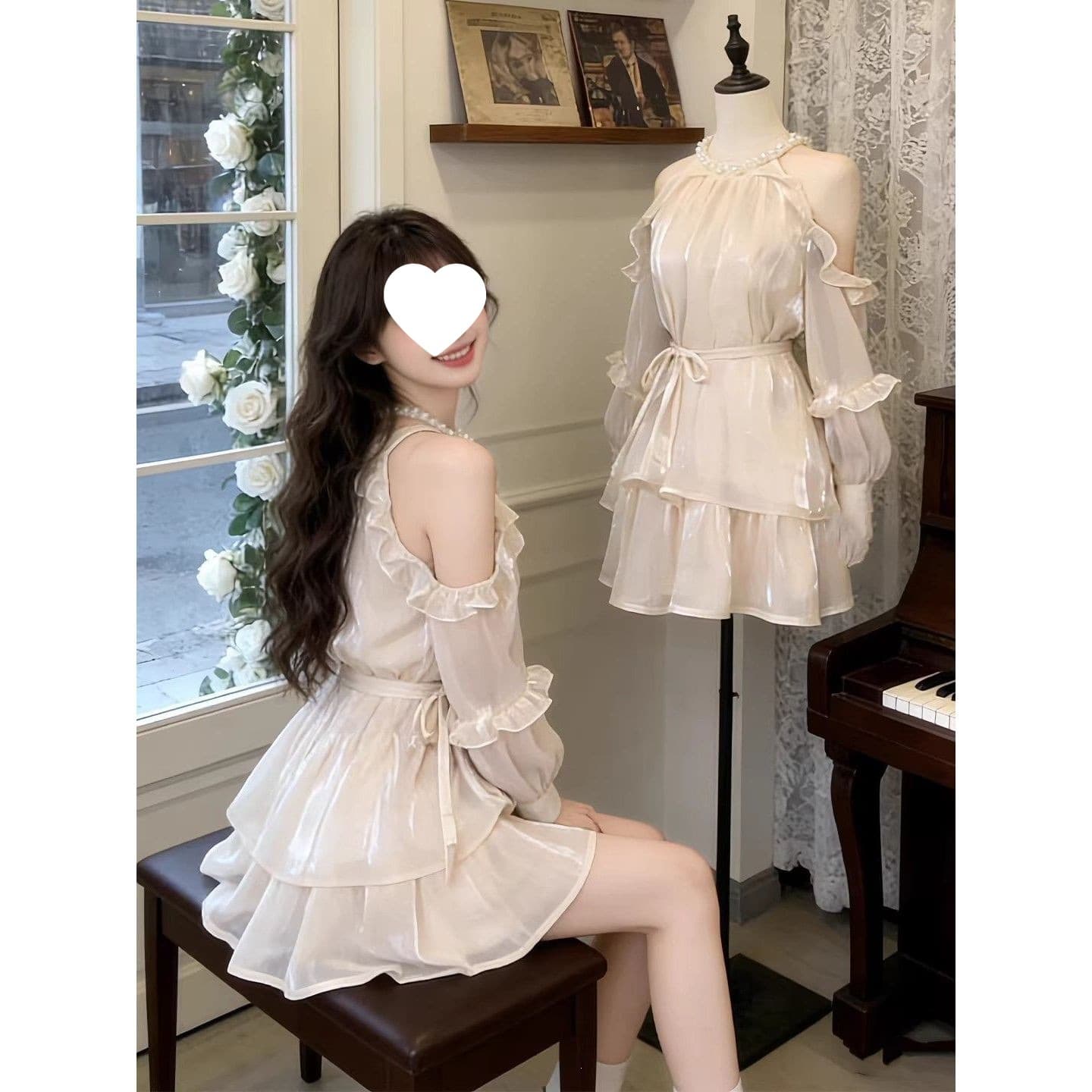 Gentle pearl off-shoulder temperament dress, beautiful and beautiful little skirt, 2026 spring outfit, fresh and simple
