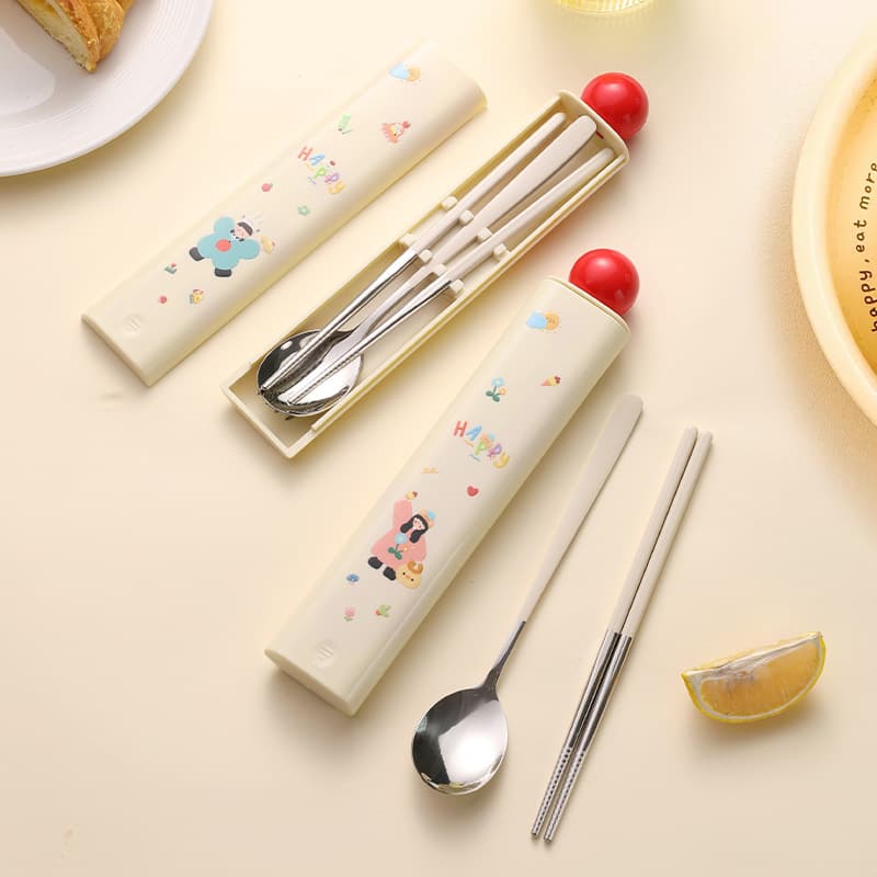 304 Food-grade Portable Utensil Set with Spoon and Chopsticks, Cute Student and Children's Tableware, Custom Logo Available