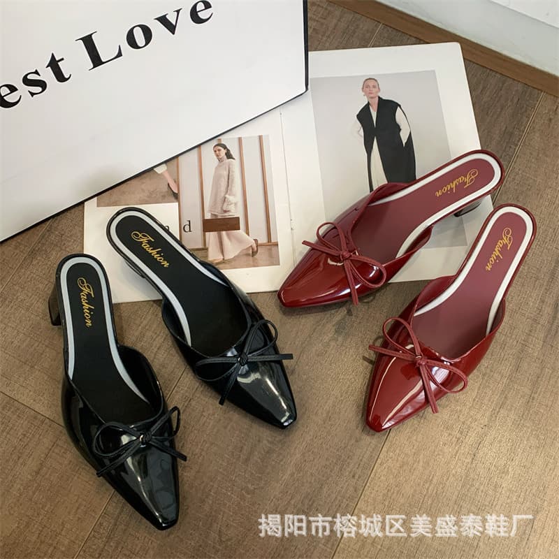 2026 Spring New Bow Knot Mid-Heel Mules Fashion Closed-Toe Semi-Slippers Women's Chunky Heel Sandals Slippers
