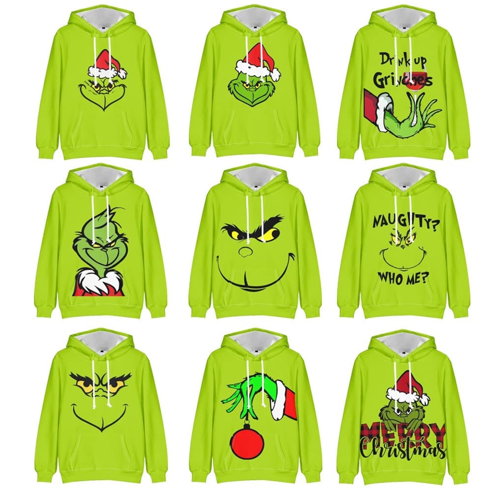 New Cross-Border Short Sleeve Christmas Green Fleece 3D Digital Print Hoodie Grinch Hoodie Factory
