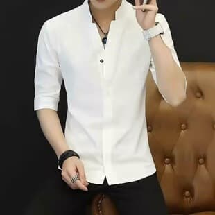 Cross-border Chinese style men's white short-sleeve cotton linen T-shirt, summer mid-sleeve linen shirt, stylish drop shipping