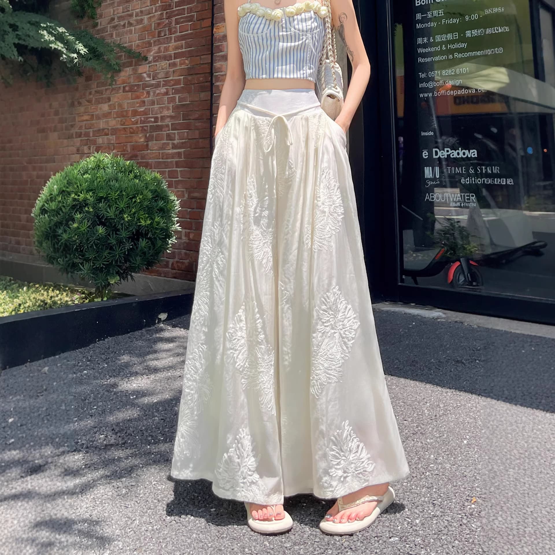 New Chinese Style Lace Embroidery White Wide-Leg Pants for Women, New Arrival with High-End Drape, Floral Straight-Leg Pants A10629