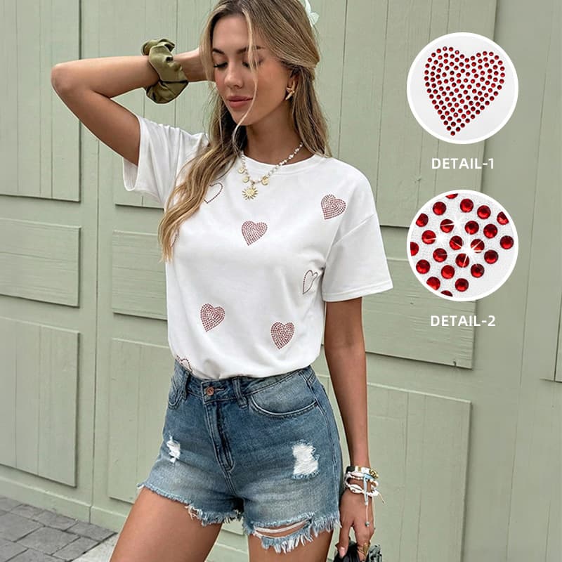 2026 Summer New Style European and American Amazon Cross-border Heart Rhinestone Iron-on Pullover T-shirt Casual Versatile Daily Top