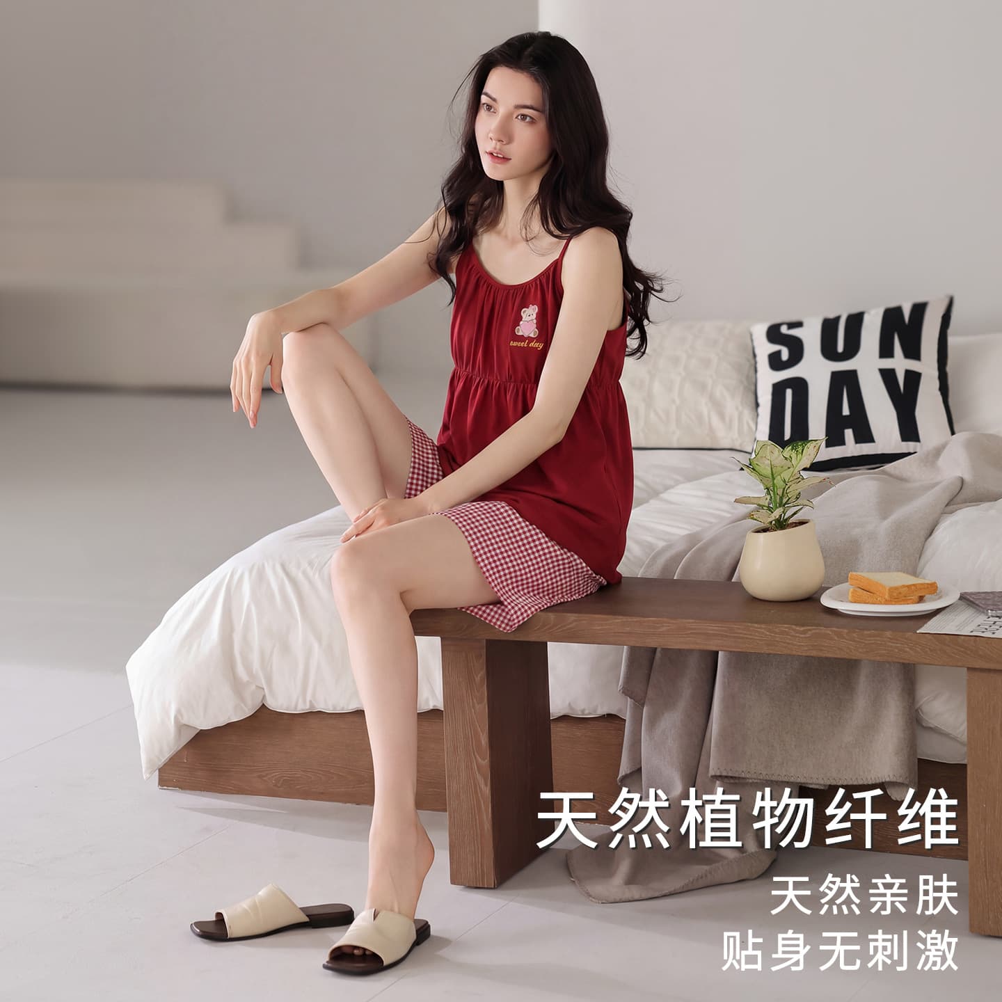Pajamas with breast pads for women summer thin cloud cotton suspender shorts 2026 new red cartoon home clothes set
