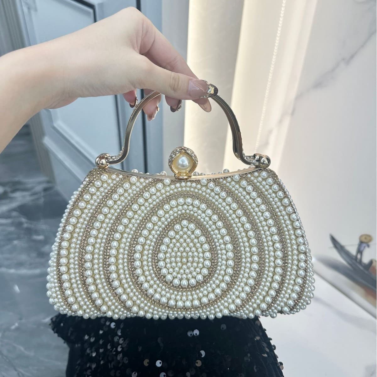 New European and American Women's Pearl Evening Bag Banquet Dress Rhinestone Handbag Clutch Wallet Shoulder Crossbody Bag