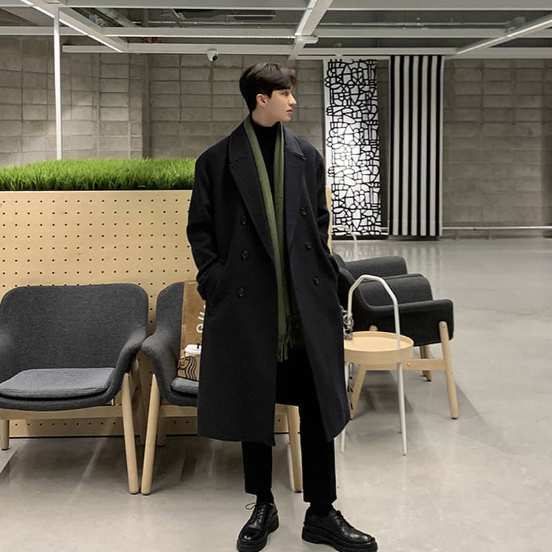 Men's Double-Breasted Thickened Woolen Coat Long Winter Outerwear Korean Style Casual Fashion Urban Youth Polyester Fiber