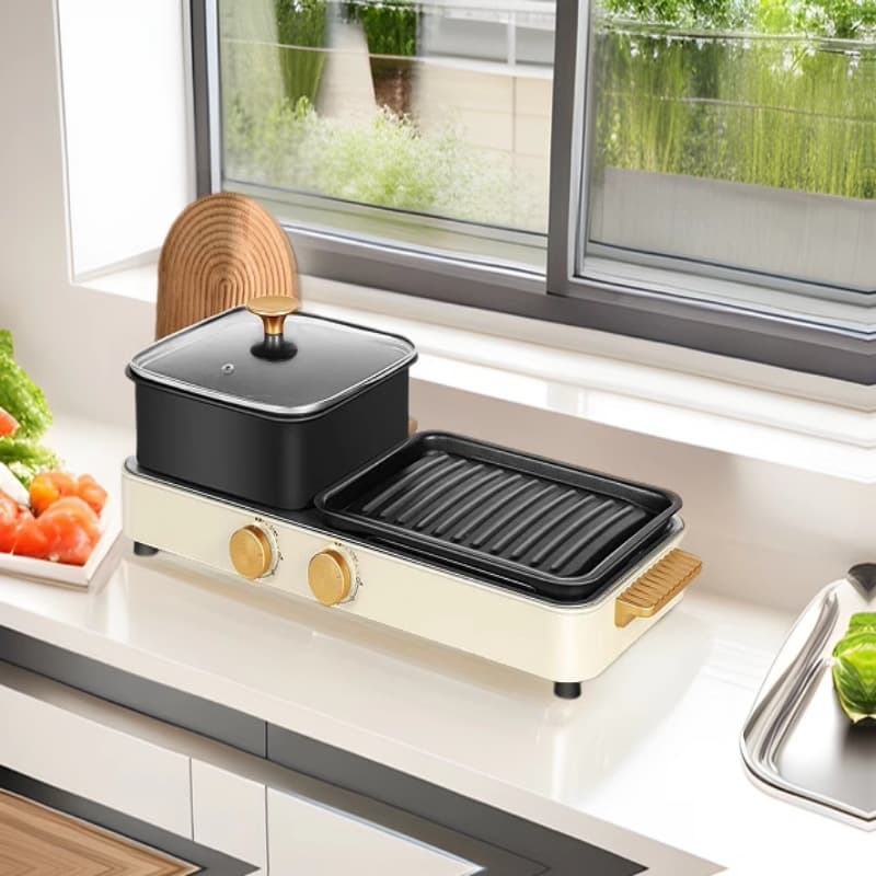 Dual-Purpose Electric Grill and Hot Pot, Multi-Functional Cooking Pan for Home Use with Griddle and Fry Pan