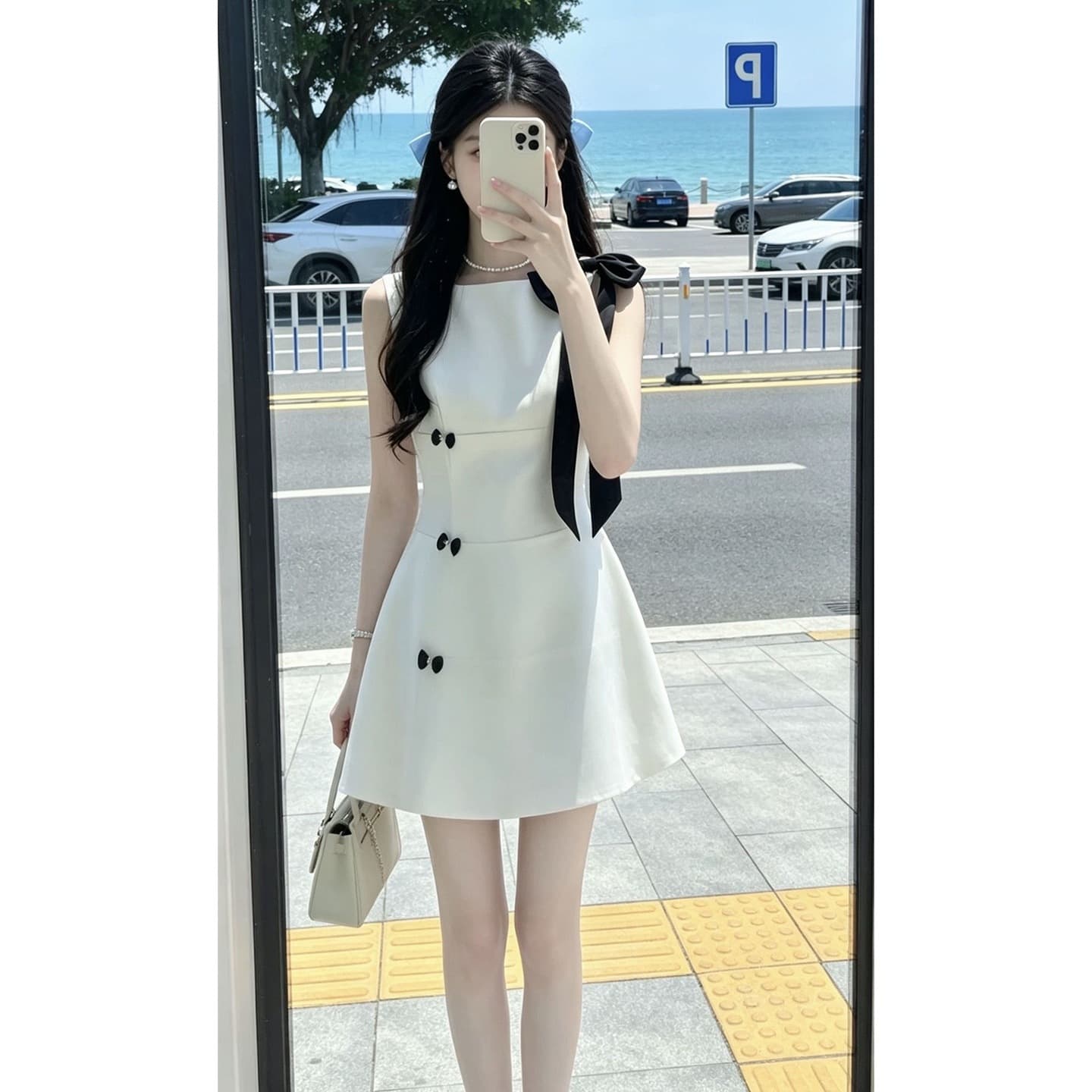 Kochi miu style bow white sleeveless suspender dress summer small a line waist skirt