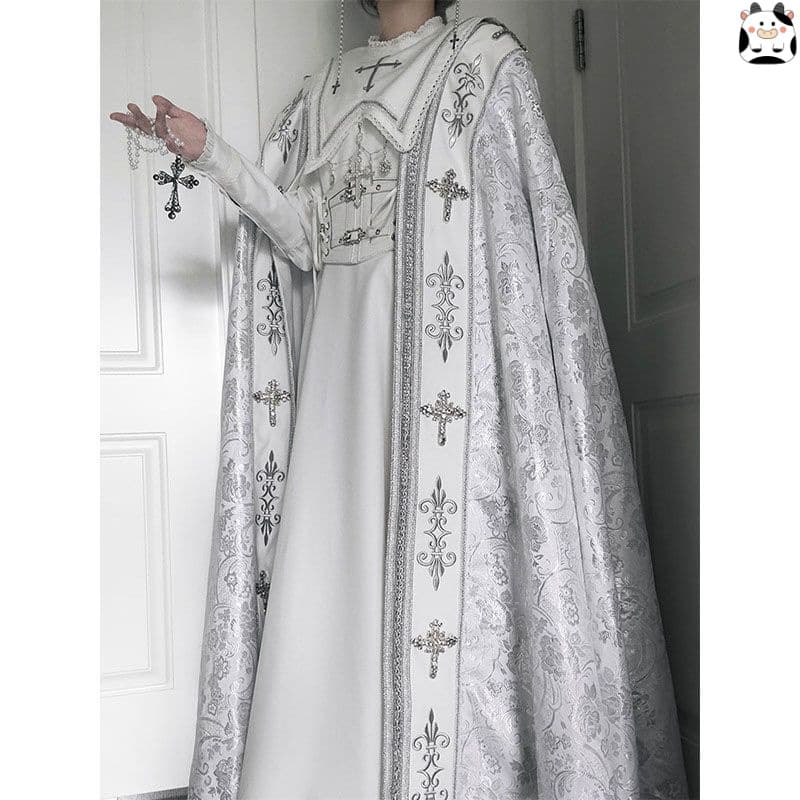White Gothic Nun Lolita Dress Cla OP with Cape Halloween Cosplay Costume