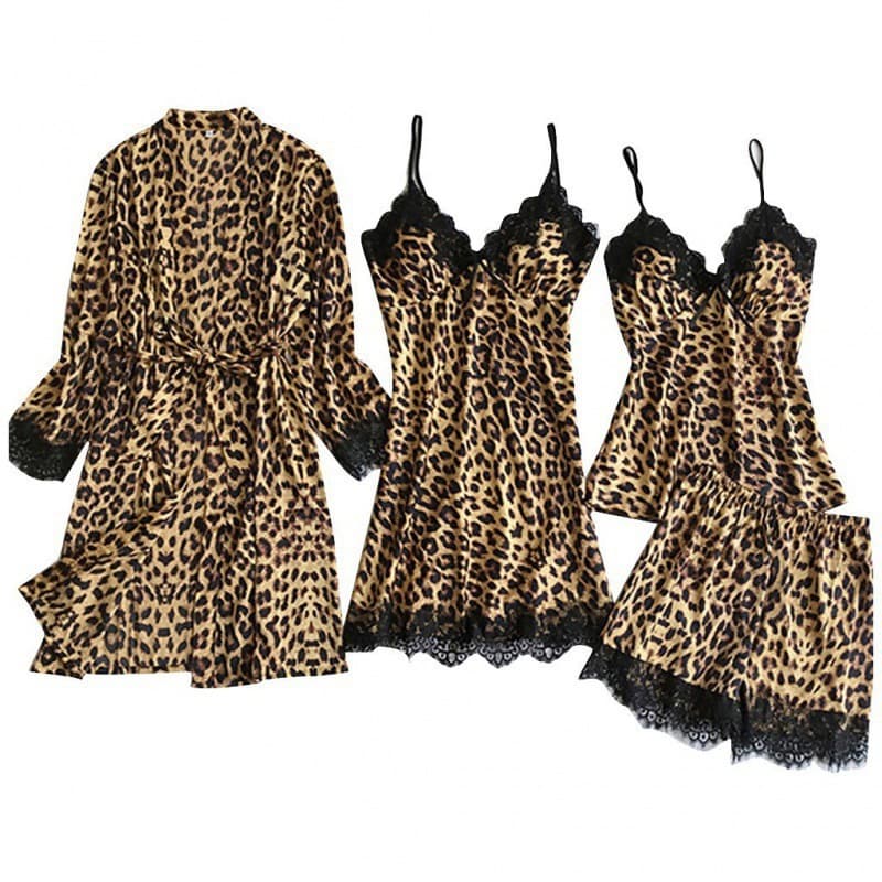 New European and American Style Silk-like Black Leopard Print Loungewear Pajama Set with Fashion Lace Trim Pajama Set Wholesale