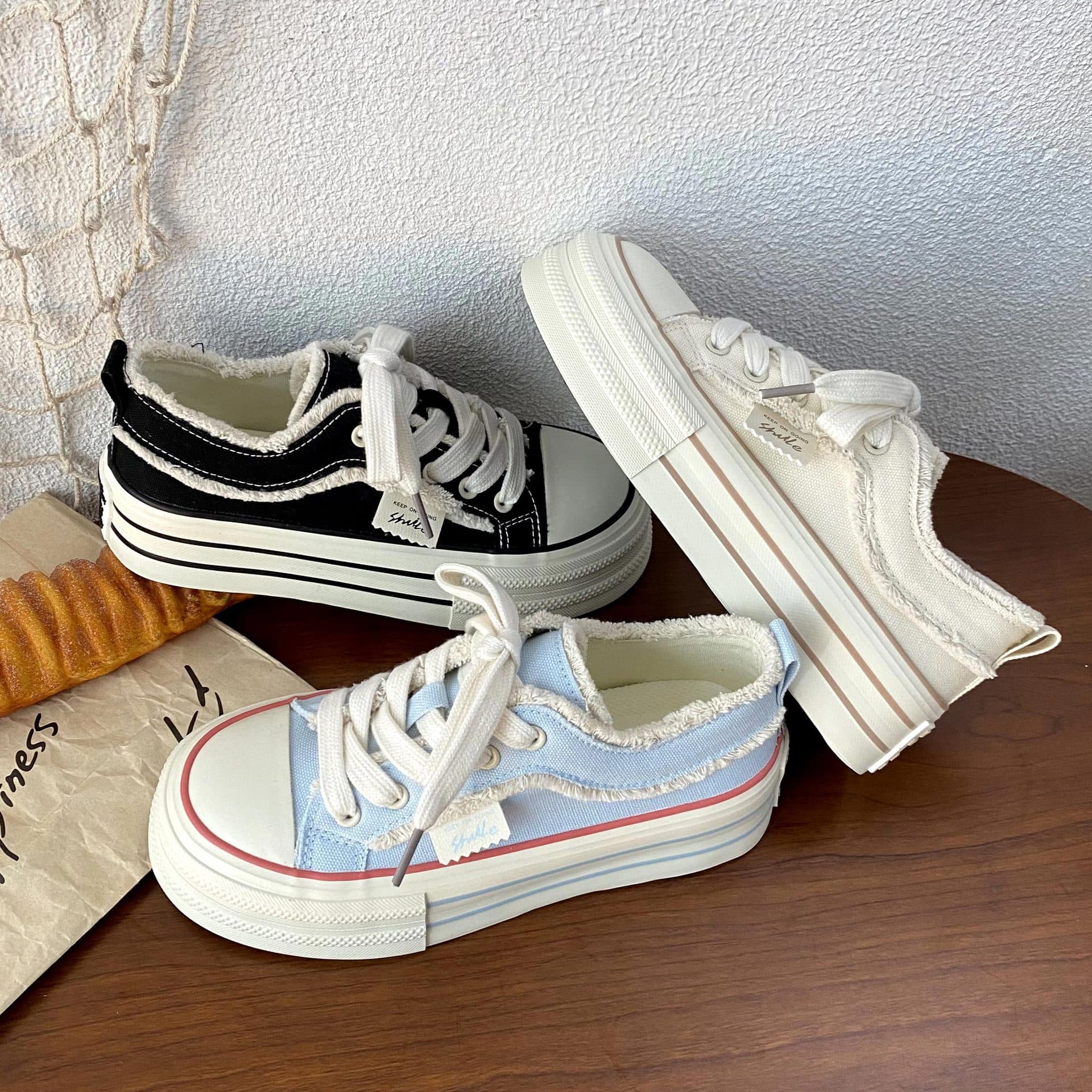 Canvas shoes 2025 spring/summer thin thick sole lace-up tassel white shoes casual daily versatile sneakers 6038