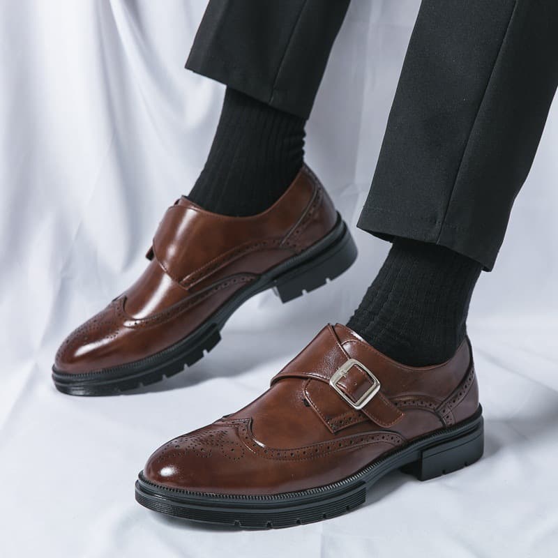 Large Size 46 Buckle Brogue Men's Shoes Thick Sole Business Formal Slip-on Gentleman Banquet Leather Shoes Amazon