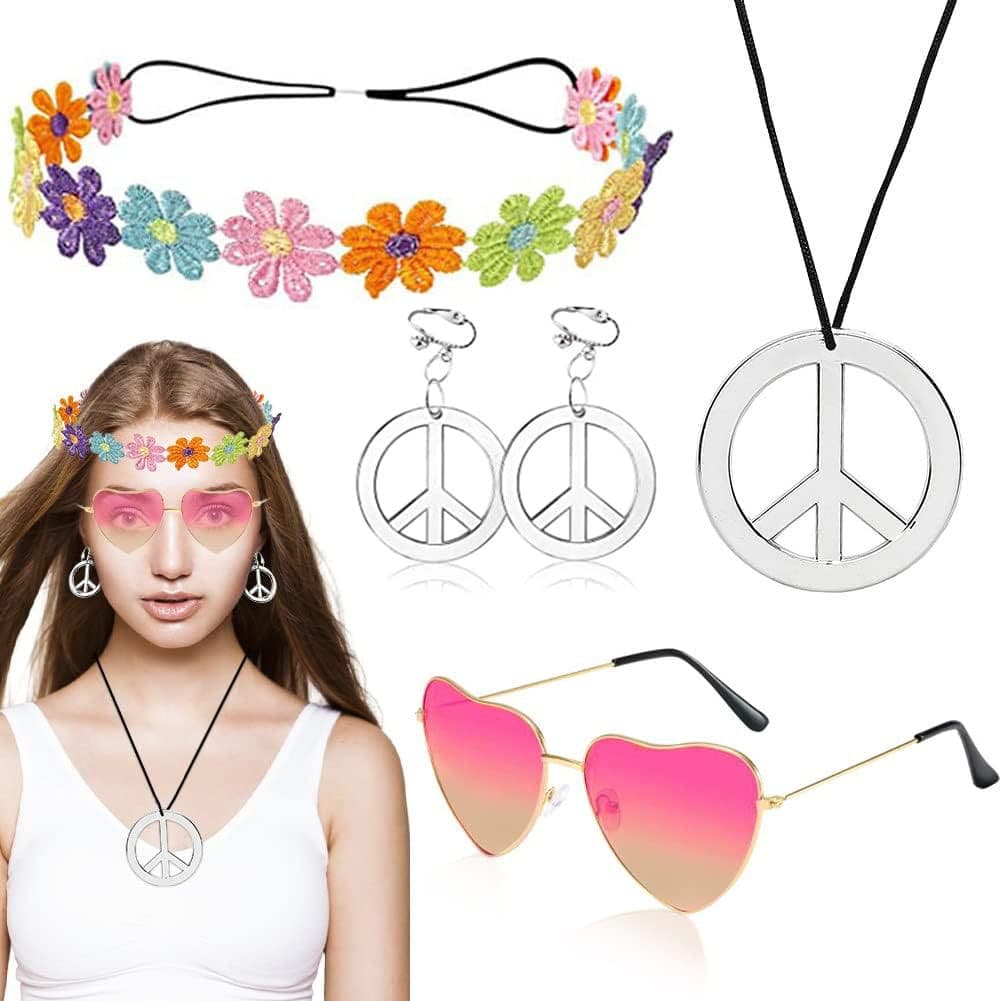 1960s Hippie Costume Accessories Sunflower Headband round Glasses Peace Sign Necklace Earring Set Plastic Role Play Props