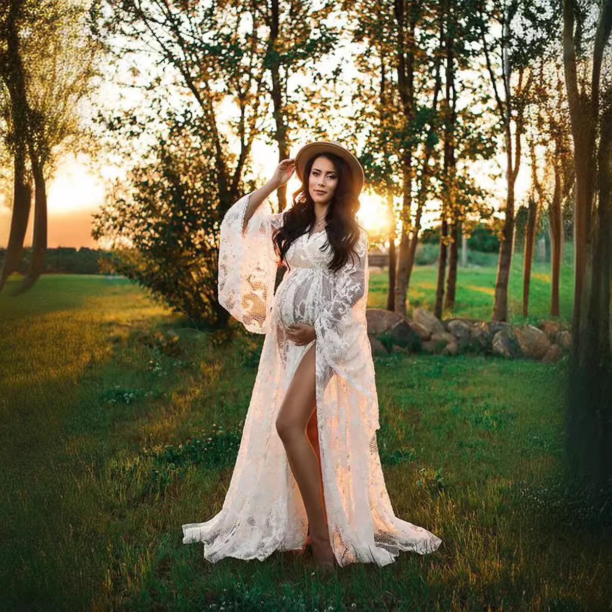 2025 Bohemian Maternity Lace V-Neck High-Waist Dress Maternity Photography Floor-Length Gown