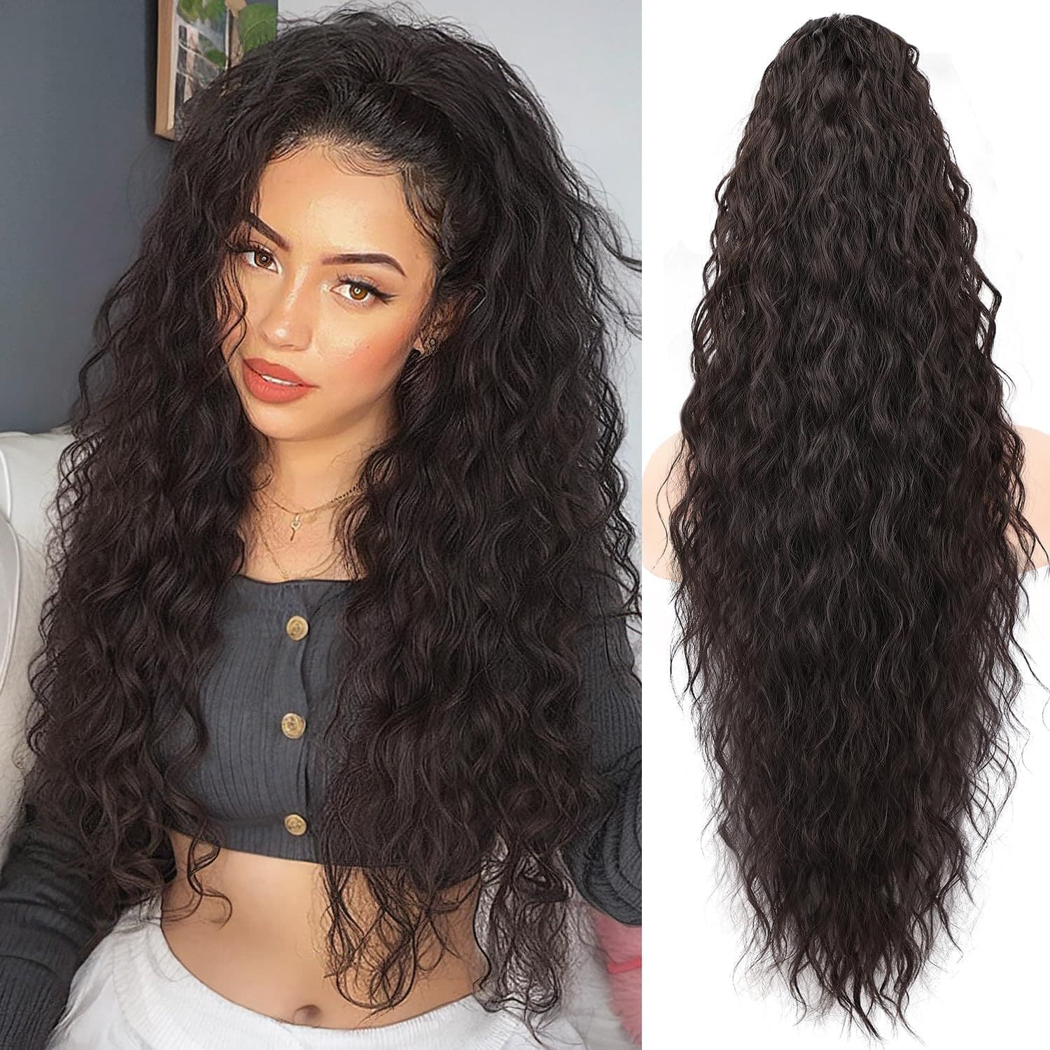 30-Inch Cross-Border Wig Ponytail for Women with Long Curly Hair, Water Wave, Fluffy Corn Perm, Claw Clip Ponytail, Wholesale for Foreign Trade