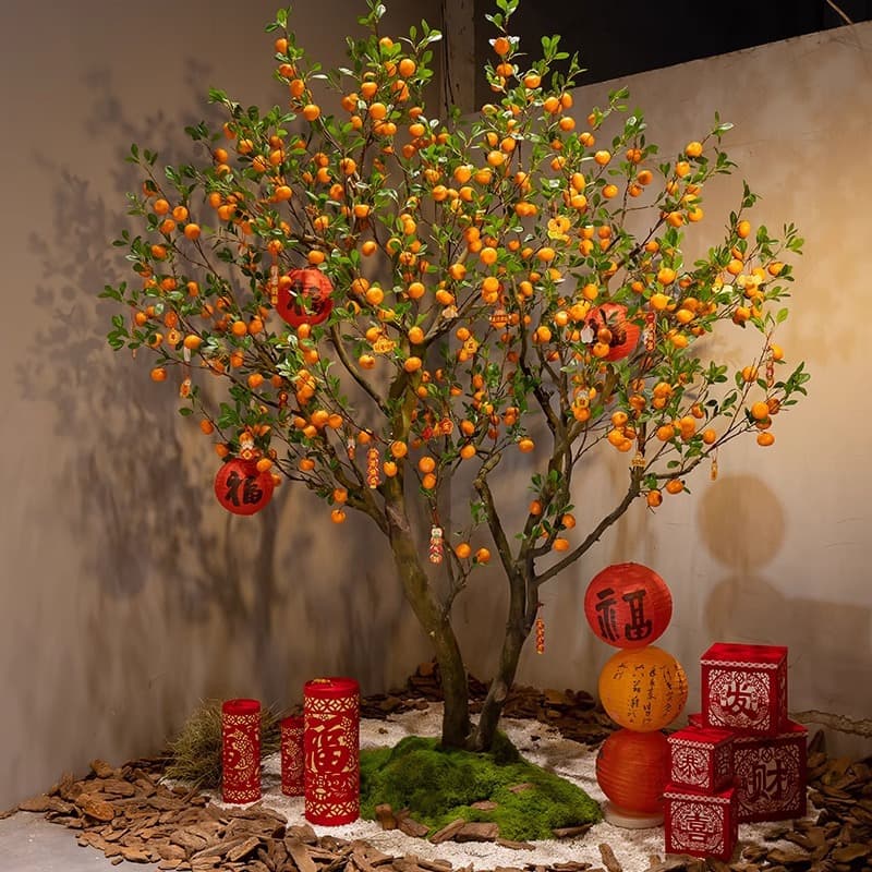Simulated orange tree, new Chinese style fake tree, pomegranate tree, large simulated green plant landscaping window, Zen soft decoration orange tree