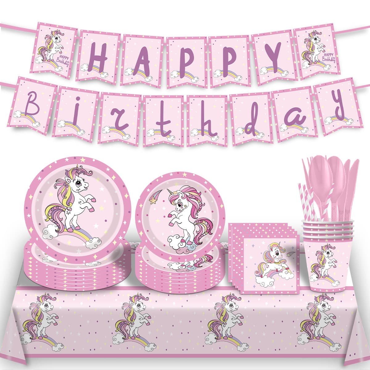 New Unicorn Theme Birthday Party Decoration Supplies Disposable Paper Cups Paper Plates Napkins Tablecloth Tableware Set