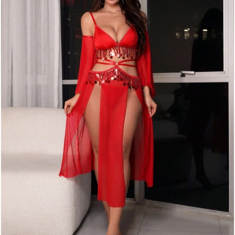 Cross-border foreign trade European and American new sexy lingerie sexy female hollow mesh see-through slit exotic style sexy suit