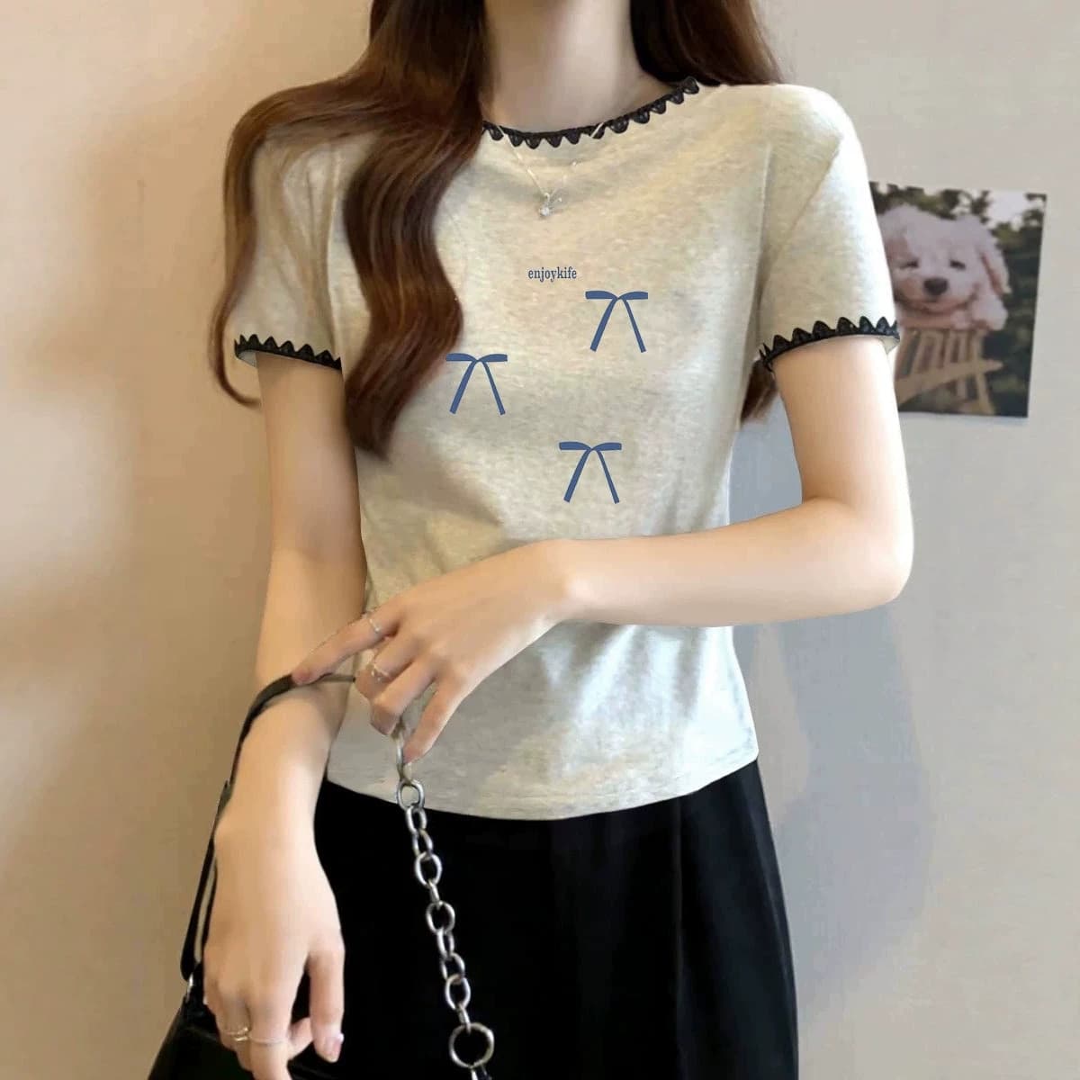 2026 Summer New Light Gray Short-Sleeved T-Shirt for Women, Classic Versatile Women's Clothing, Contrasting Color, Stylish and Age-Reducing Top