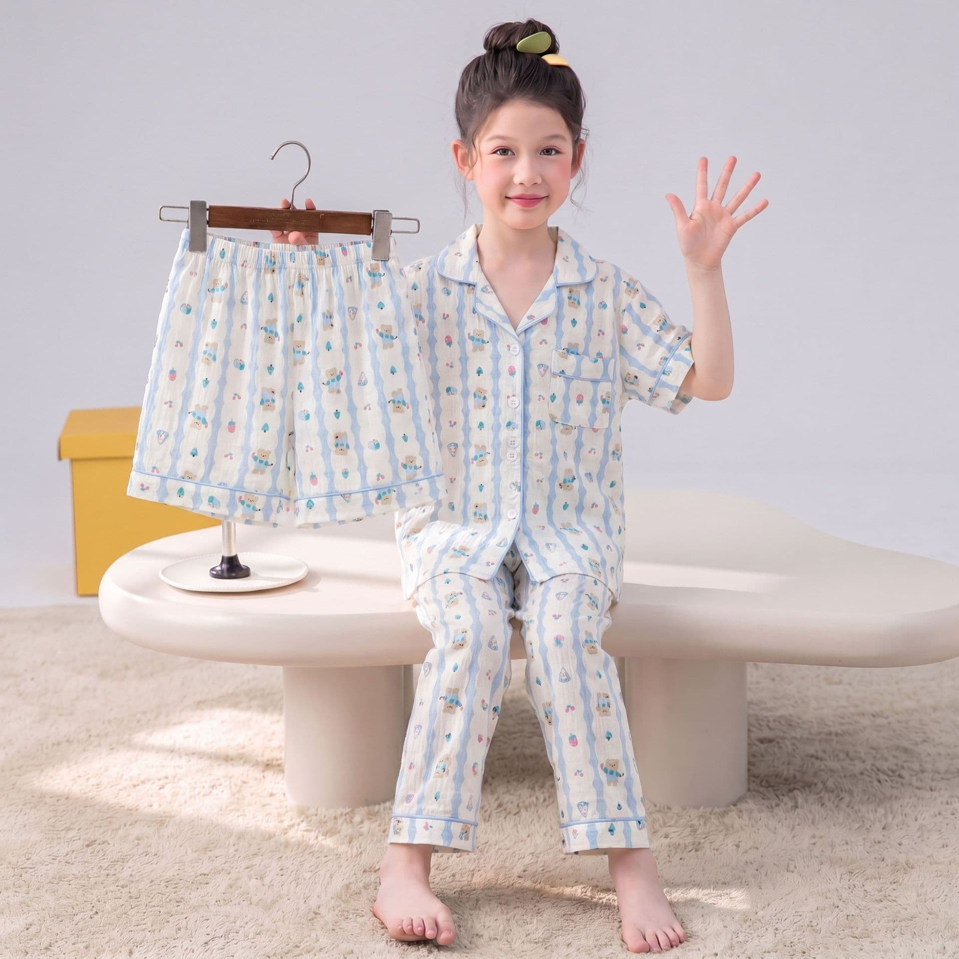 Cloud Cotton Internet Celebrity Girl Baby Pajamas Spring and Autumn Long Sleeve Small Lapel Thin Style Children's Student Homewear Set