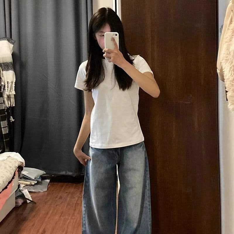 2026 pure cotton round neck right shoulder short-sleeved T-shirt summer basic new bottoming simple slim fit versatile slimming top