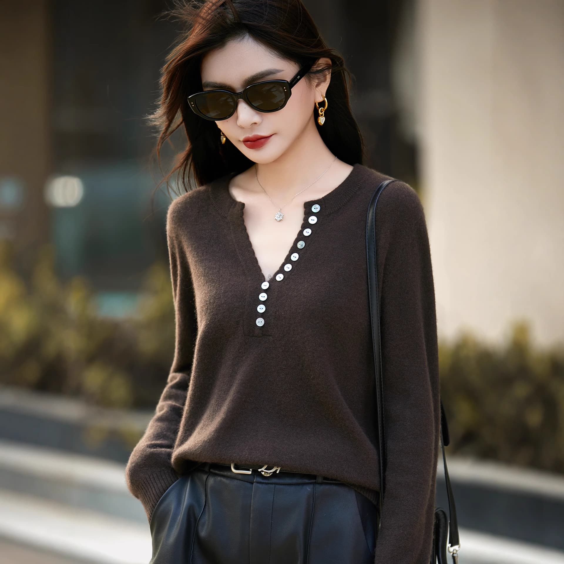 Minimalist V-Neck Button 100% Wool Knit Sweater Women 2025 New Trendy Versatile Commute Warm Base Layer Fashion