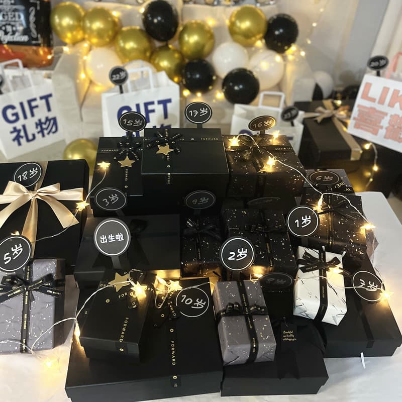 Gift box, birthday age tag, wrapping paper, ribbon, one gift per year, for boys and girls aged 1 to 25, 30.