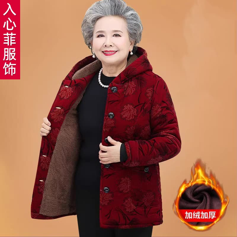 Grandma's cotton-padded clothes, winter clothes, middle-aged and elderly velvet thickened coats, mothers' clothes, warm cotton clothes, hooded cotton-padded jackets for the elderly
