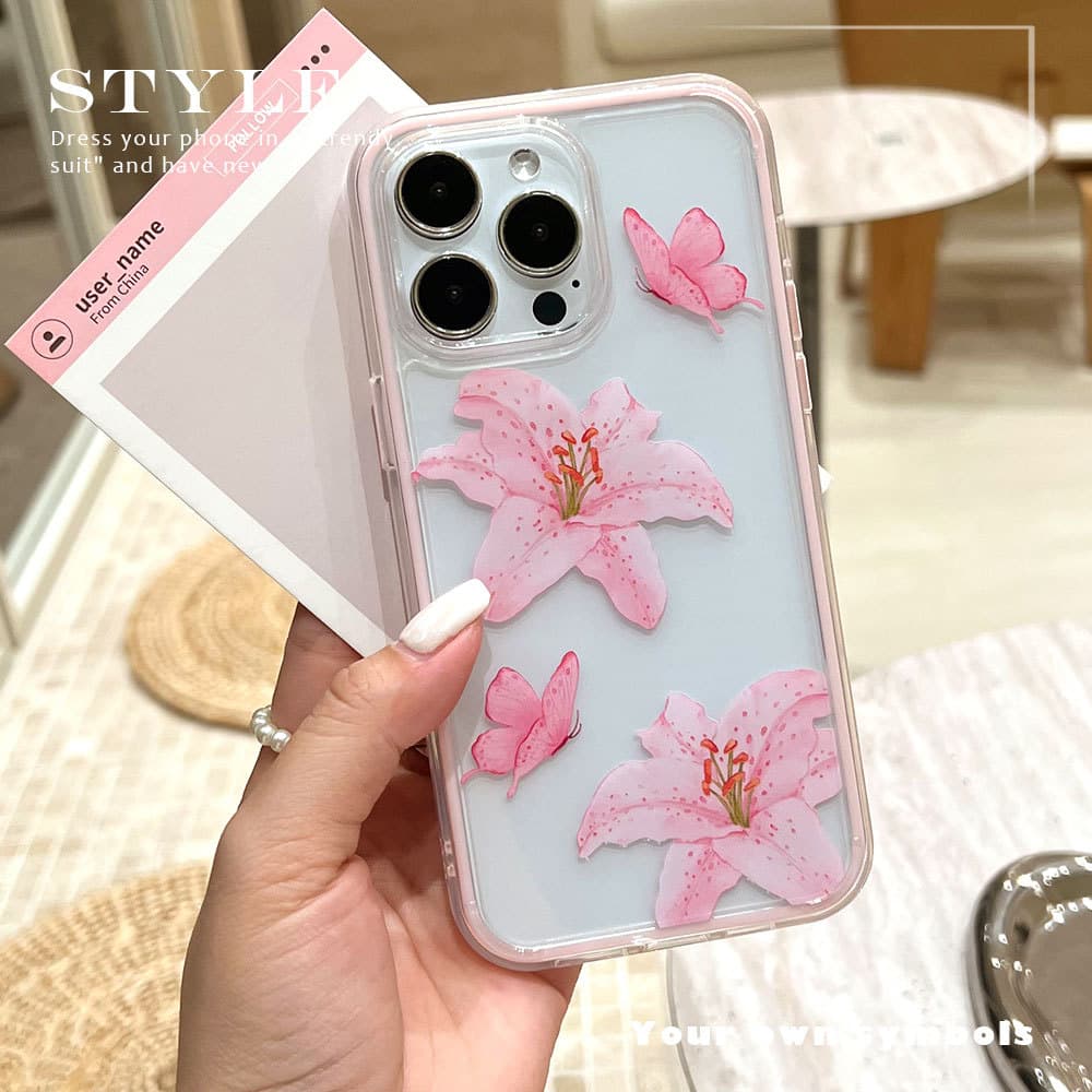 2-in-1 Phone Case for iPhone 17 Pro Max Butterfly Pink Flower Acrylic Transparent iPhone 16 Protective Cover