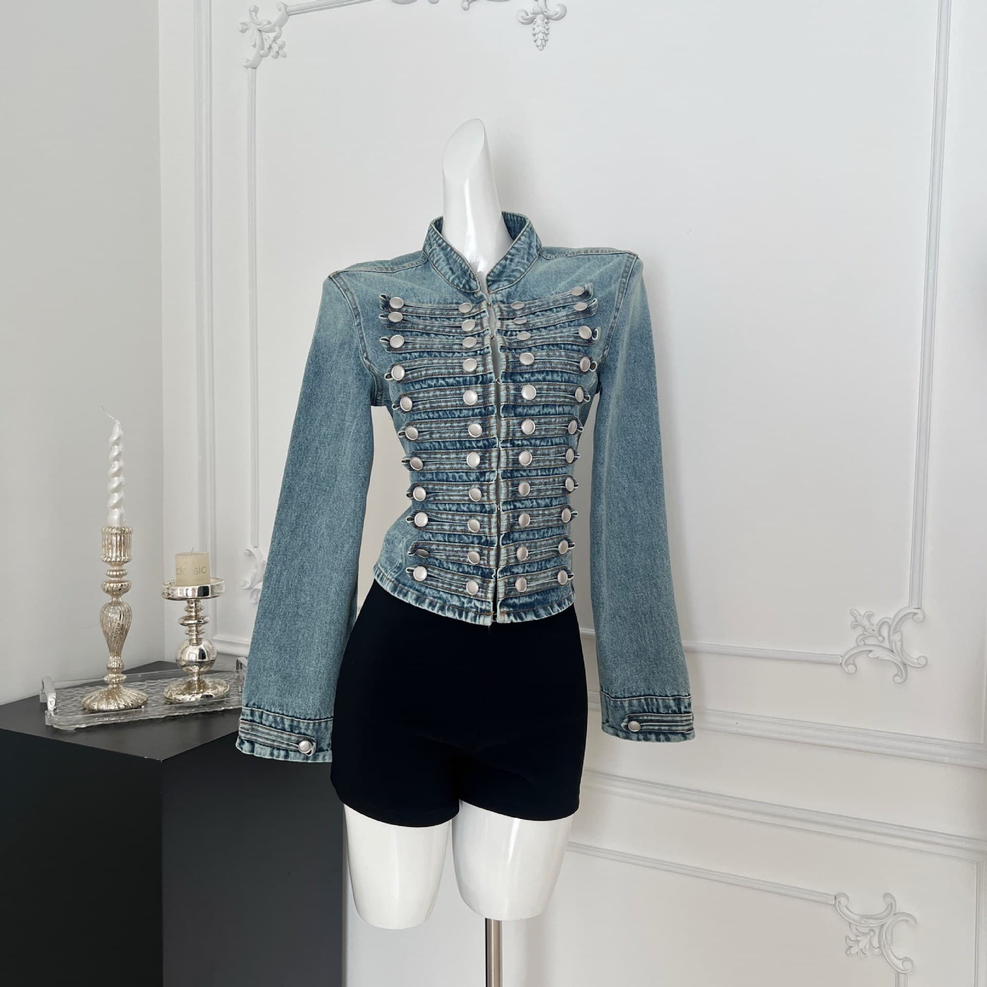 French Multi-Row Button Napoleon Stand Collar Fitted Versatile Denim Jacket for Women Autumn
