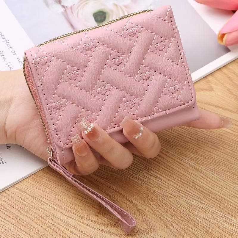 New Korean Style Fashion Heart Embroidered Women's Short Zipper Wallet Clutch Solid Color Minimalist Coin Purse Card Holder