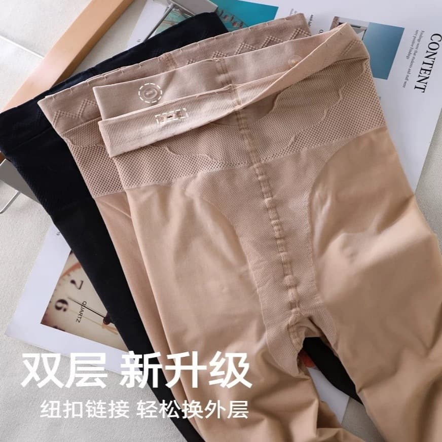 Plus-Size Bare-Leg Effect Pantyhose for Women, Autumn and Winter Outerwear, Fleece-Lined, Detachable Button Design, Double-Layer Faux Sheer Anti-Snag Tights