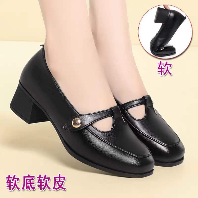 Spring Autumn Mid-aged Women's High Heels Mother Shoes Genuine Leather Soft Sole Black Leather Shoes Chunky Heel Flats Women's Shoes for Middle-aged and Elderly