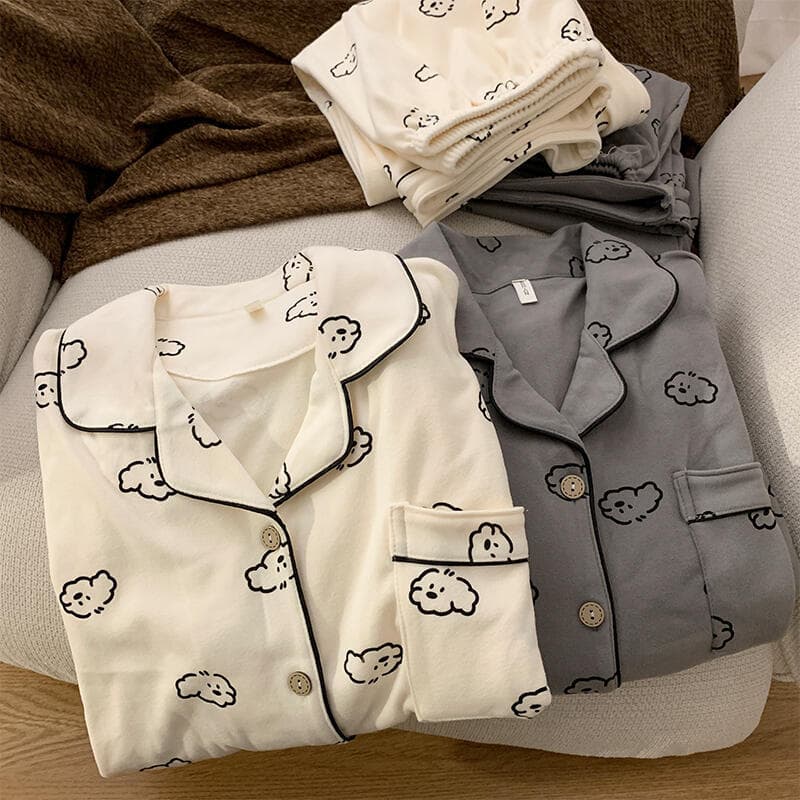 Cute Cartoon Cotton Dog Couples Sleepwear Winter Home Clothes Men Women Style Velvet Warm Pajamas Set for Lovers