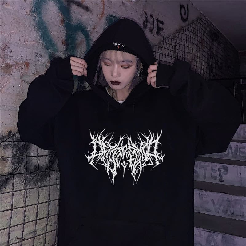 Gothic Oversized Hoodie Long Sleeve Harajuku Sweatshirt Women's Aesthetic Hip Hop Retro, Fleece-Lined Top Women's Clothing