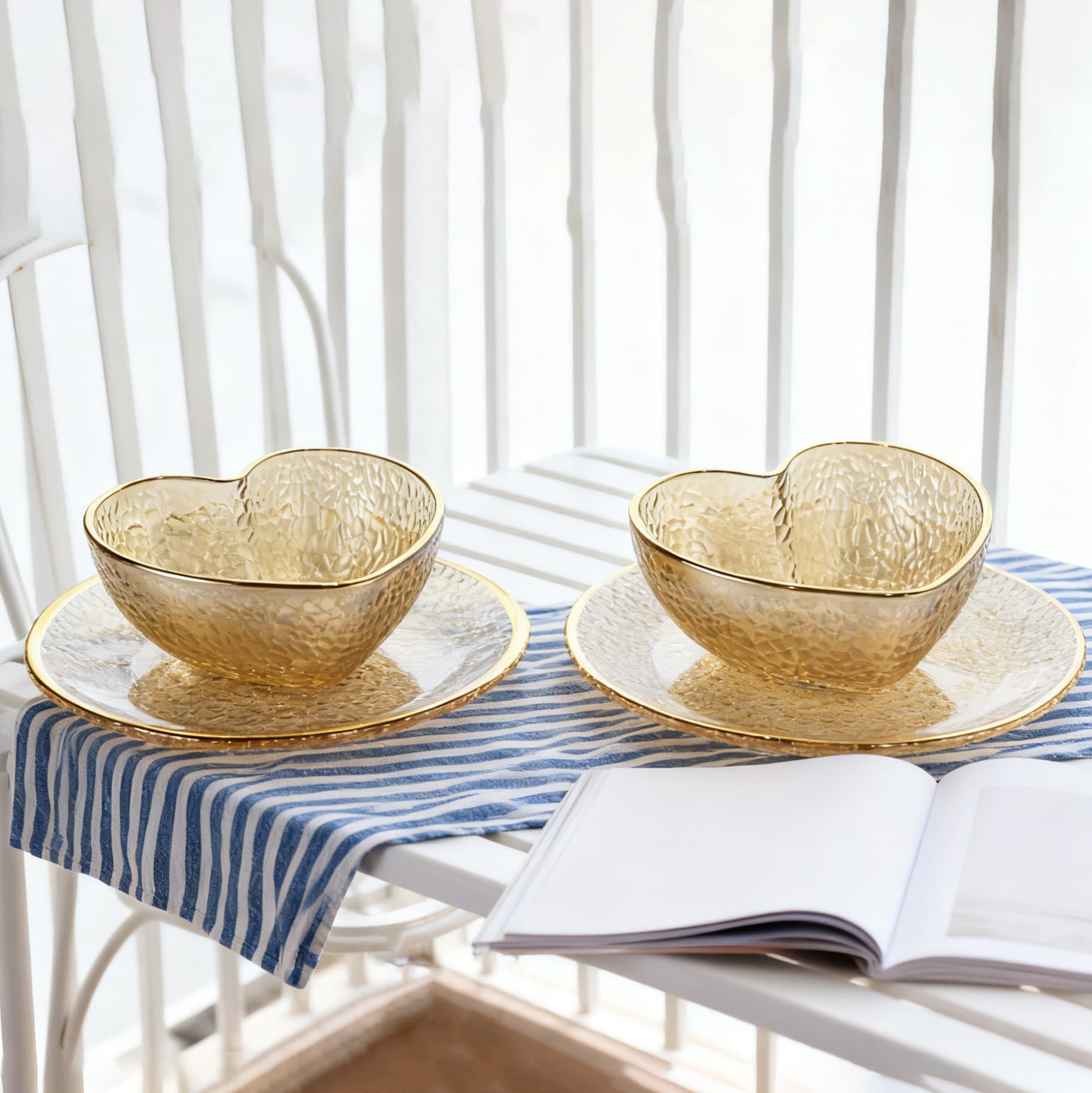 New light luxury glass bowl and plate set home gift love fruit plate salad bowl hammer pattern round plate fruit plate