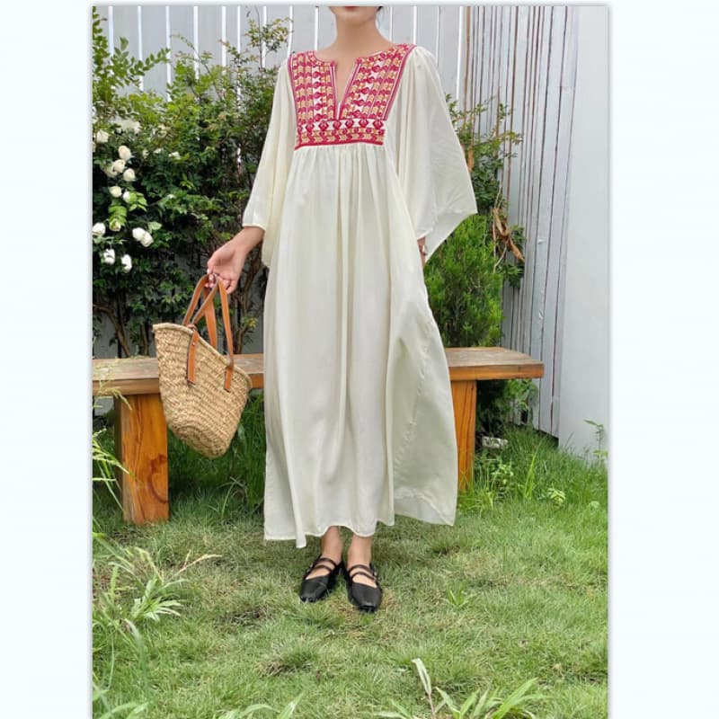 Ethnic Style Embroidered Lantern Sleeve Dress for Women, Summer Vacation Style Loose Knee-Length Long Flared Skirt