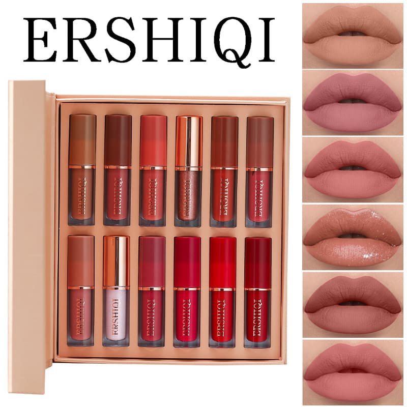 Cross-border Exclusive ErshiQi 12-Color Book Lip Gloss Matte & Shimmer Non-Stick Cup Lip Glaze Lipstick Factory Wholesale