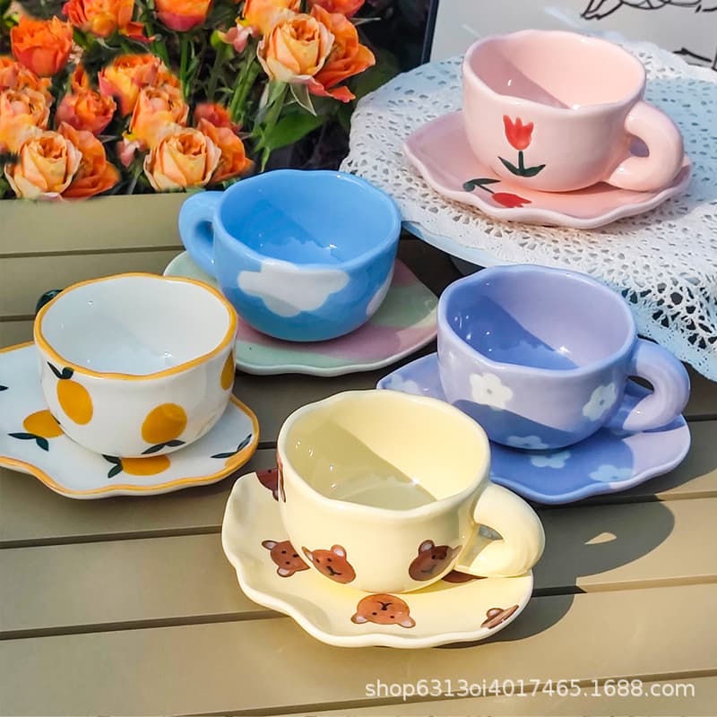 Ins-style Hand-painted Irregular Coffee Cup and Saucer Set, Creative Hand-drawn Purple Floral Underglaze Cup