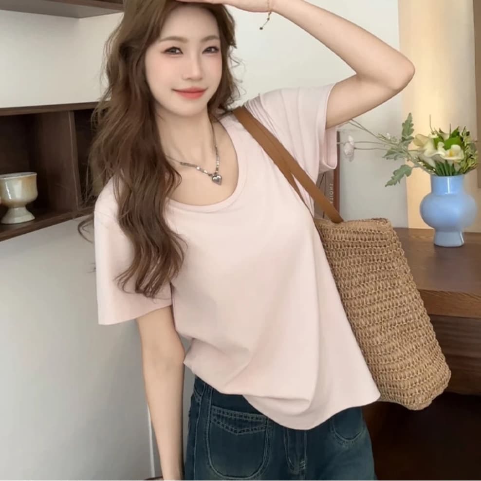 95% Cotton T-Shirt for Women, New Summer Dopamine Style, Loose Fit, U-Neck, Casual Versatile Solid Color Short Sleeve Top