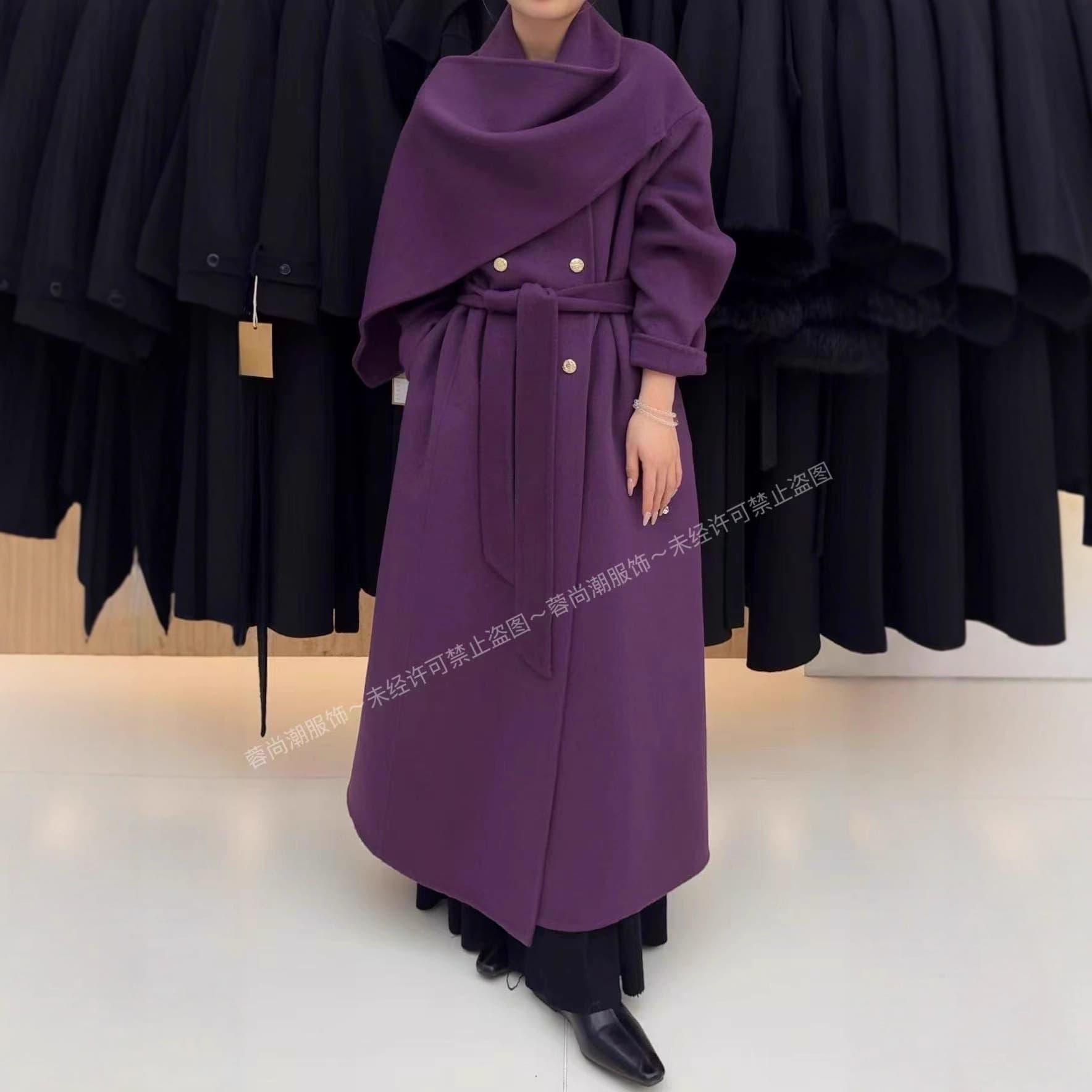Long Slim-Fit Double-Sided Wool Coat with Large Scarf, 2025 Autumn and Winter New Fashion Stylish Woolen Outerwear for Women