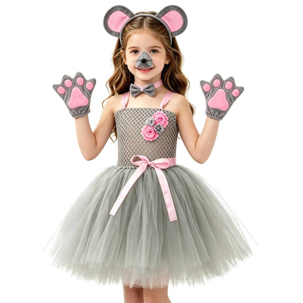 Gray Cartoon Mouse Tutu Dress Children Mesh Net Skirt European and American Girls Middle and Young Children Holiday Party Clothing