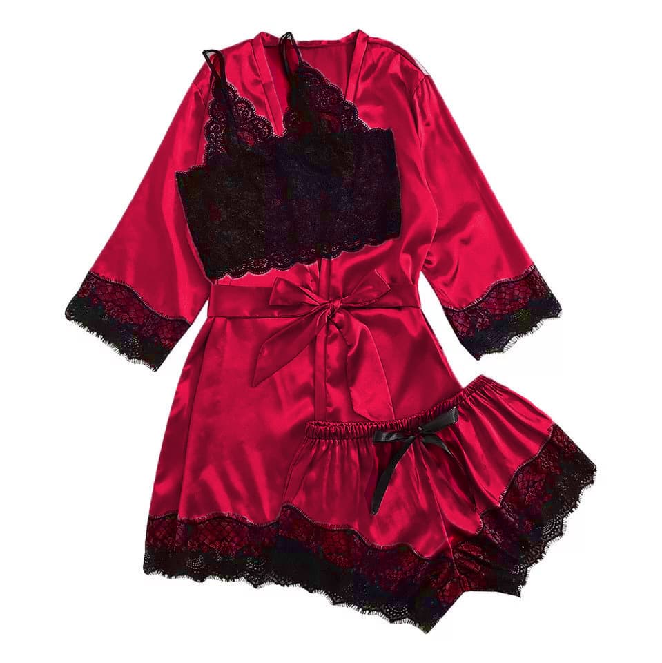 Cross-border Supply Europe and America Sexy Women's Pajama Three-Piece Set Satin Sexy Temptation Silk-like Lace Camisole Set