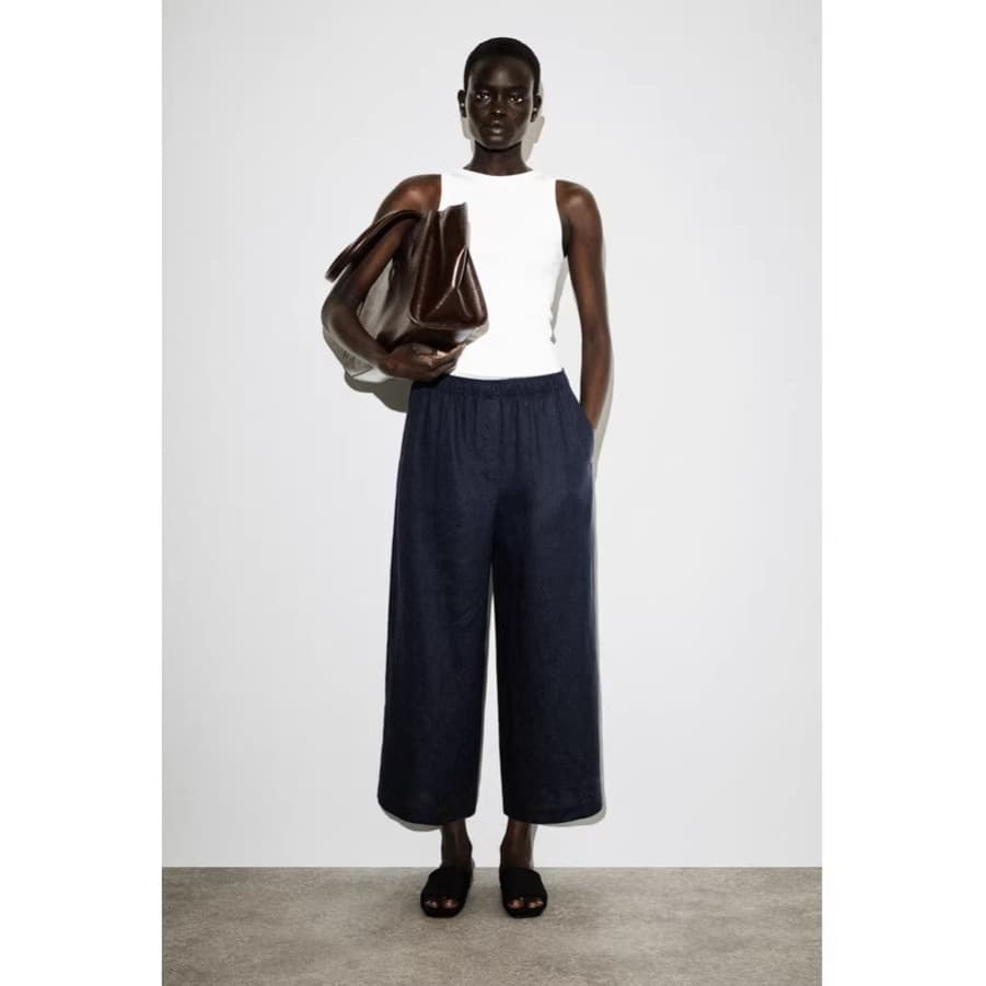 COS Style Women's Casual Linen Wide-Leg Pants in Navy Blue, Spring/Summer 2026 New Arrival